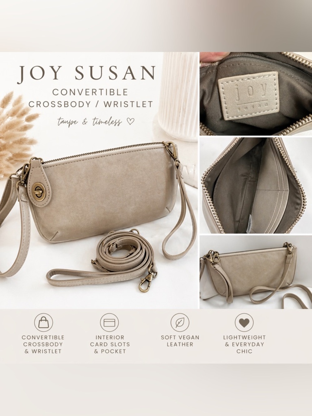 JOY Susan Taupe Convertible Crossbody Wristlet Bag Minimalist Neutral